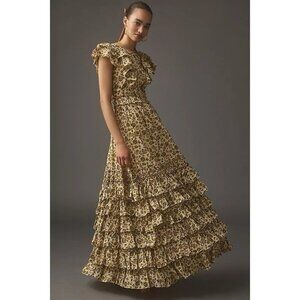 Mac Duggal Size 4 Beige Floral Tiered Ruffled Boho Maxi Dress Gown Cottagecore